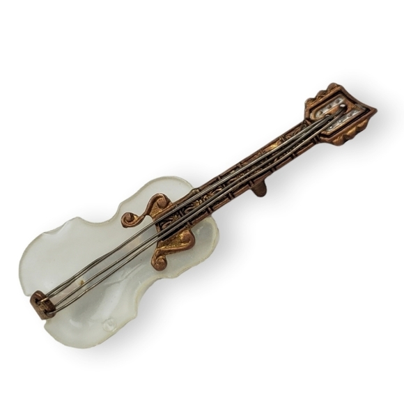 Vintage Jewelry - Vintage spain violin brooch toledoware brass lucite enamel viola instrument pin